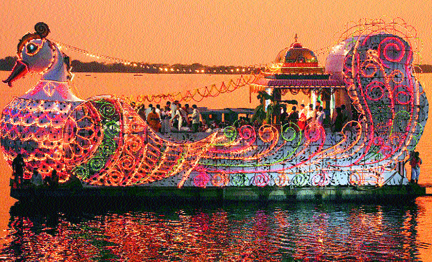 The exquisitely decorated Hamsa Vahanam floats on the River Krishna on Friday evening, to mark the conclusion of Dasara festivities. The exquisitely decorated Hamsa Vahanam floats on the River Krishna on Friday evening, to mark the conclusion of Dasara festivities.